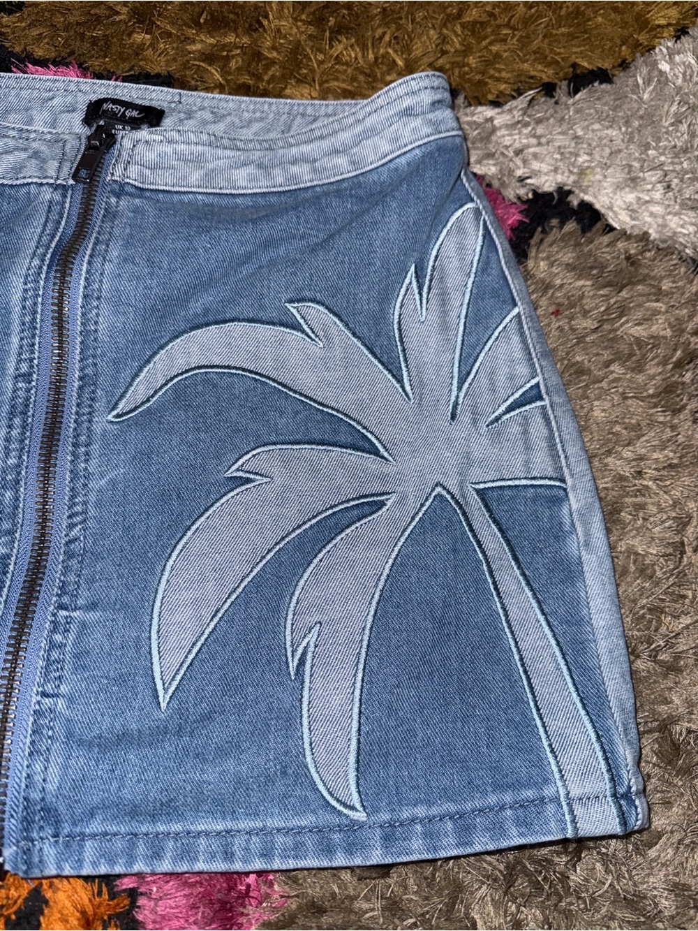 Denim Zip-Front Mini Skirt with Palm Appliqué - Blue NASTY GAL - Picture 3 of 5
